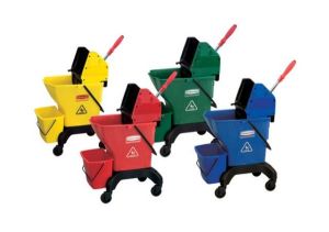  Rubbermaid All-In-One Mopping Bucket # 7500 26 Litre capacity Dimensions: 67.5cm L x 38cm W x 99cm H Easy to manoeuvre mopping systems, carries all you need for wet moping and light cleaning. Colour-coded buckets help reduce cross-contamination Durable, yet lightweight bucket with moulded in measurement graduation Pour spout reduces spills when pouring out liquid Down press wringer for mops up to 450g Built in mop handle clip Removable caddy for cleaning tools and supplies Safety sign (wet floor) clip Non marking 5.1cm diameter plastic castors Ergonomic wringer handle height reduces bending and pulling Available in four colours: Yellow, Green, Red and Blue